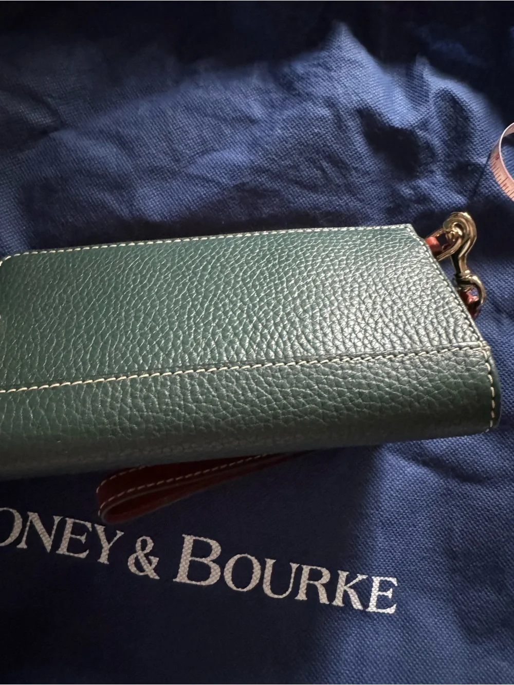 Dooney & Bourke Forest Green Pebbled Leather Wristlet with Tan Trim